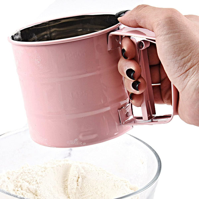 Stainless Steel Hand Crank Rotary Flour Sifter for Baking in Pink or Blue