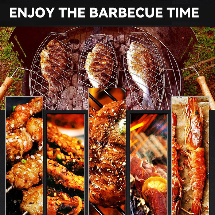 Iron BBQ Net Clamp with Wooden Handle Fish and Square Shape 2 Sizes