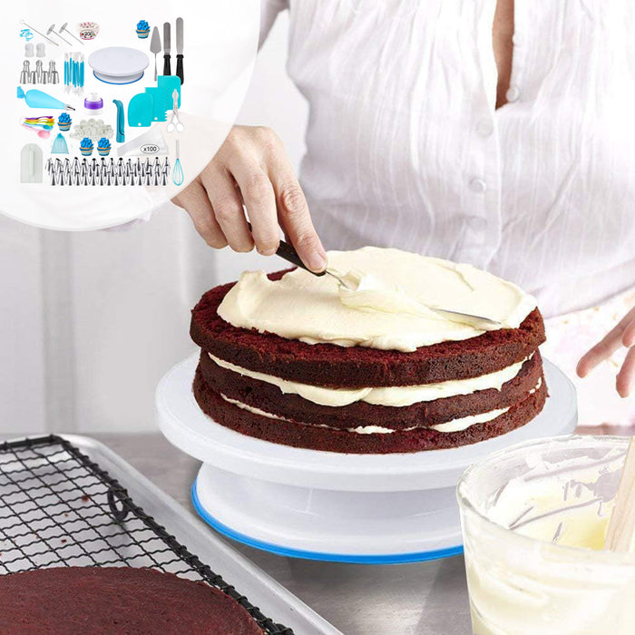 420 Pcs Cake Decorating Kit with 11in Turntable Blue Silver