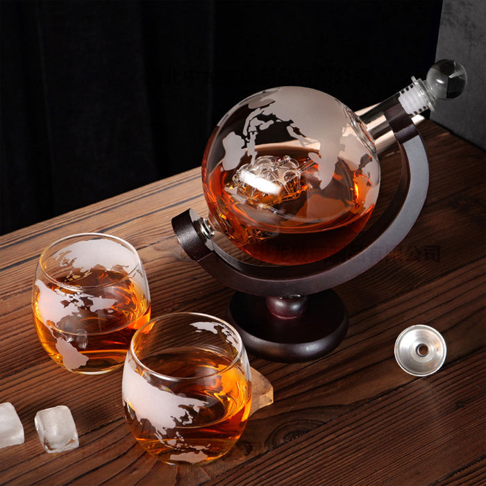 Globe Wine Decanter Set with Sailing Ship and 2 Glasses