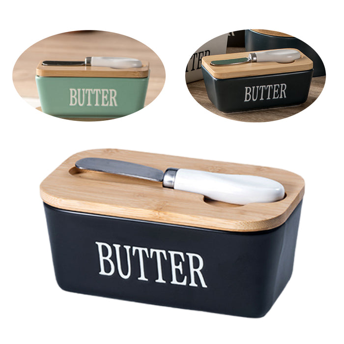 Ceramic Butter Box with Bamboo Lid Knife Slot 14.5cm