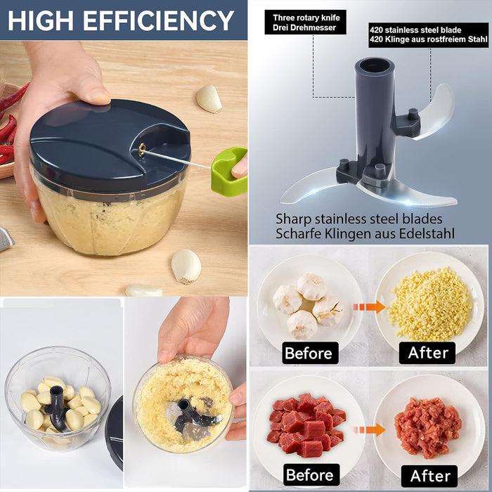 Manual Pull-String Garlic Chopper with 420 Steel Blades