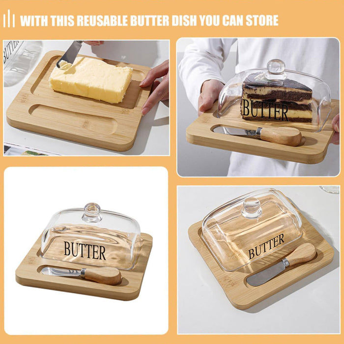 Butter Dish with Glass Lid Bamboo Base With Knife Slot