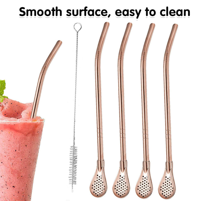 5 Pcs Straw Spoons with Removable Filter 18cm Stainless Steel