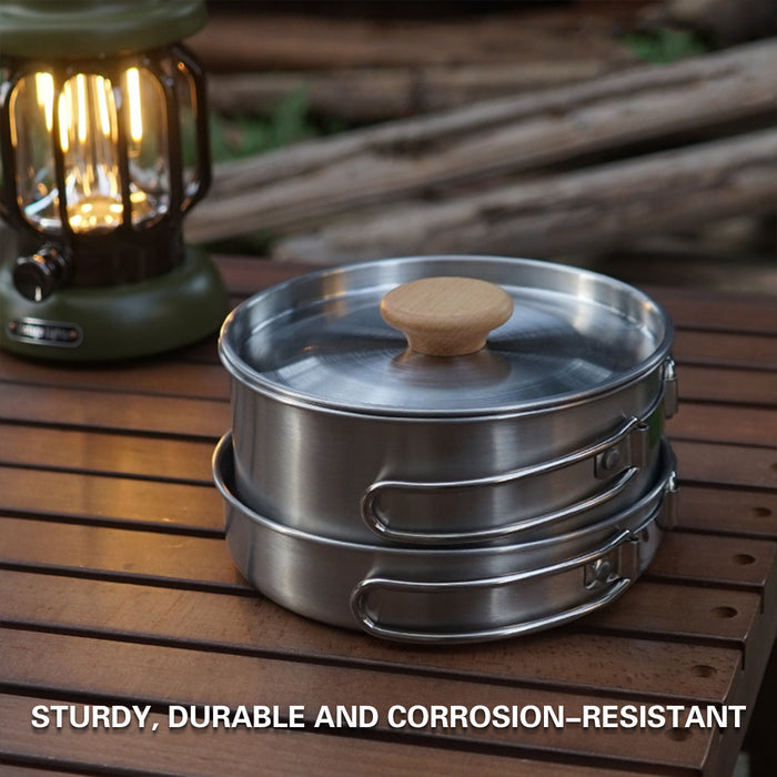 2 Pcs 304 Stainless Steel Camping Pot and Pan Set with Folding Handles