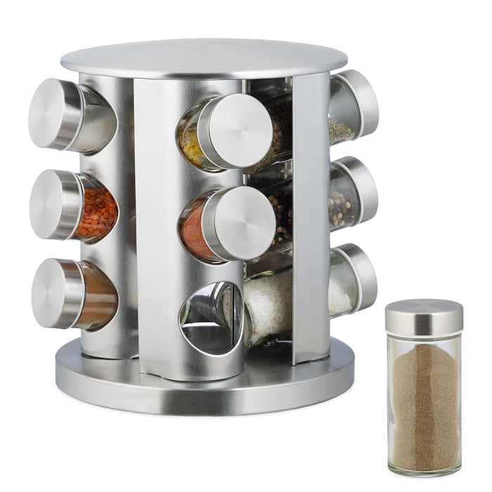Stainless Steel Rotating Spice Rack with 12 Glass Jars