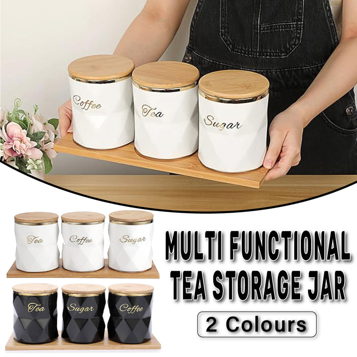 3 Pcs Ceramic Airtight Storage Jars with Bamboo Lids and Tray