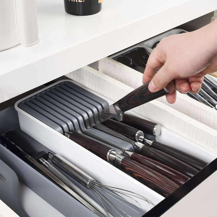 Expandable Knife Organiser Tray with Silicone Inserts White Grey