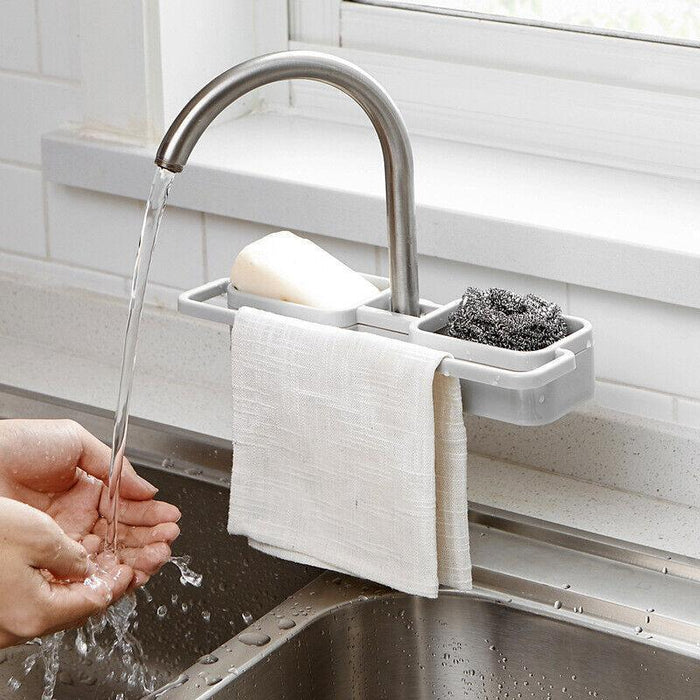Faucet Mounted Kitchen Sink Drainer Rack, Adjustable Storage for Sponge and Soap