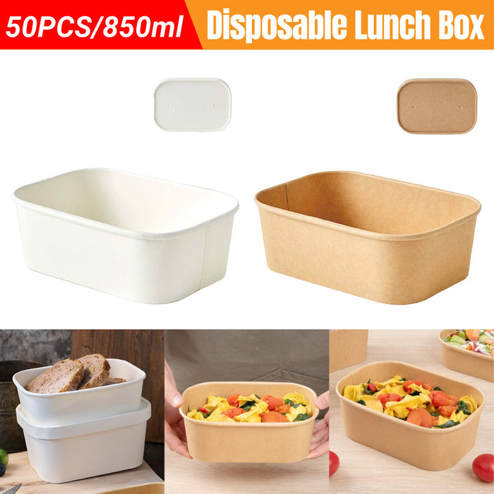 50 Pcs Disposable Takeaway Lunch Boxes with Lids 850 ml Virgin Pulp Leakproof 17.2 x 12 x 6.1 cm