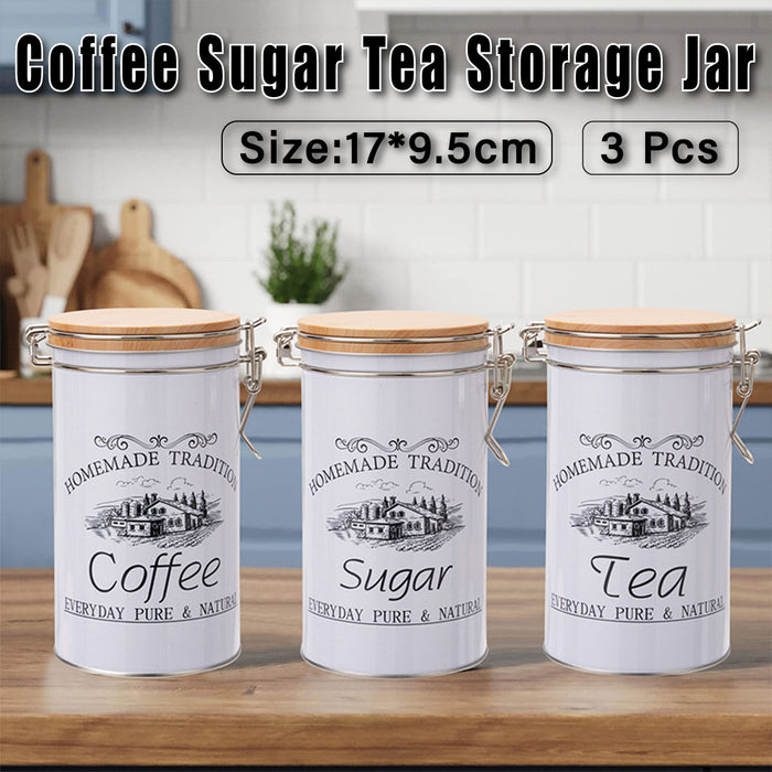 3PCS White Tinplate Coffee Tea Sugar Storage Jar Set