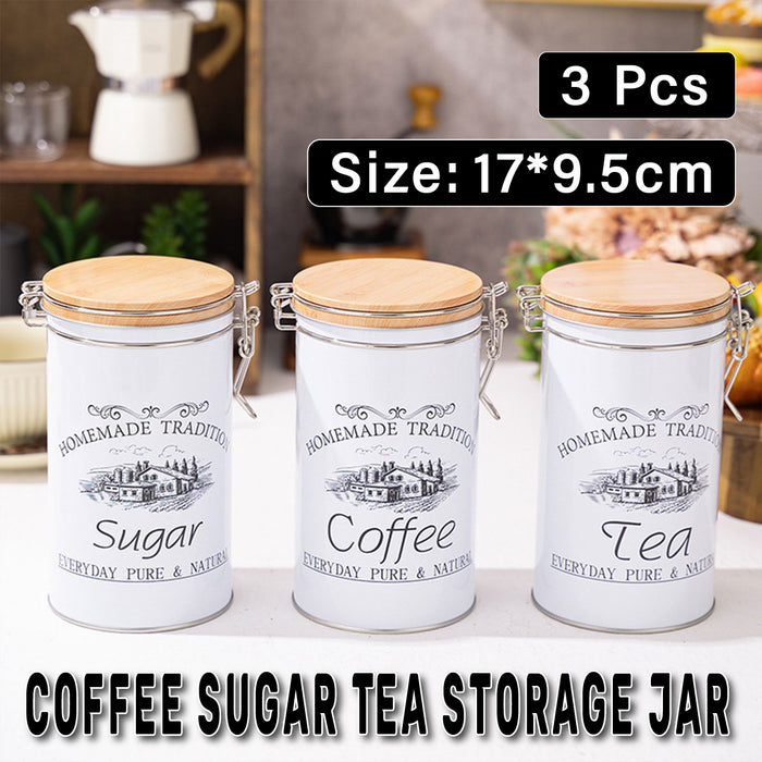 3PCS White Tinplate Coffee Tea Sugar Storage Jar Set