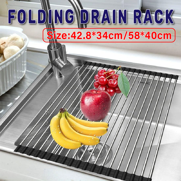 Stainless Steel Folding Sink Draining Rack with Silicone Pad