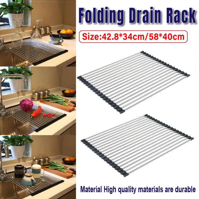 Stainless Steel Folding Sink Draining Rack with Silicone Pad