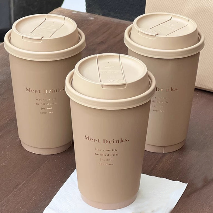 50 Pcs Coffee Paper Cups with Lids Matte Brown 330ml 380ml 500ml