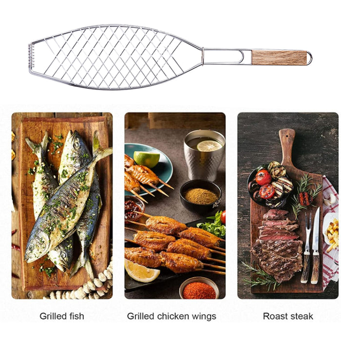 Iron BBQ Net Clamp with Wooden Handle Fish and Square Shape 2 Sizes