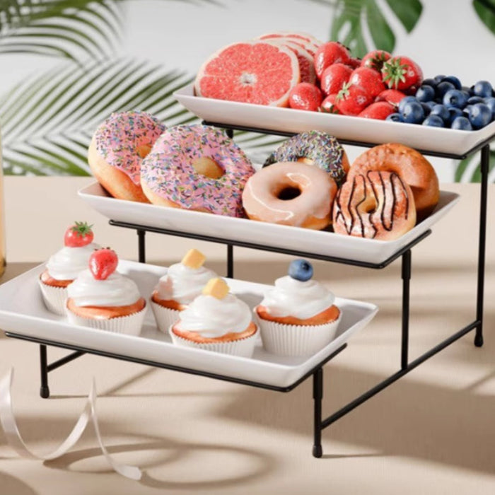 3-Tier Food-Grade PBT Dessert Display Stand 30 x 46 cm Black Metal Frame