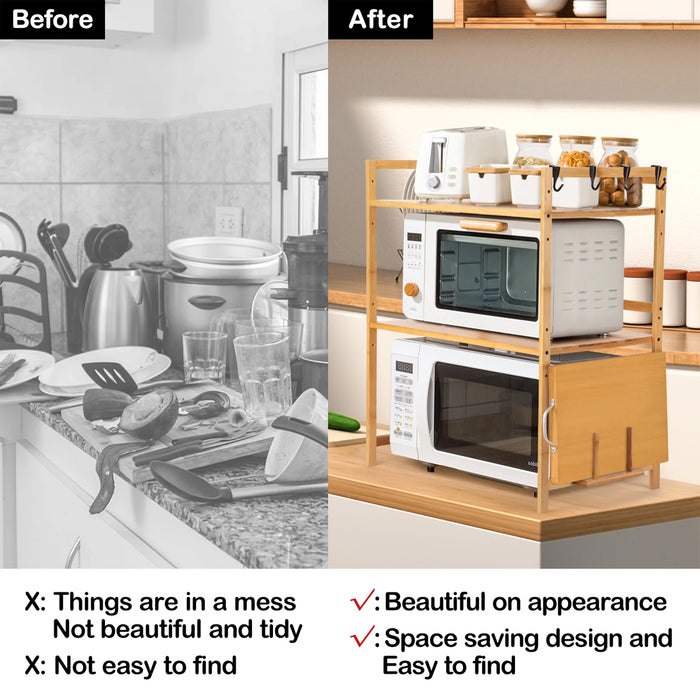 Expandable Microwave Rack Shelf Adjustable Bamboo With Hooks