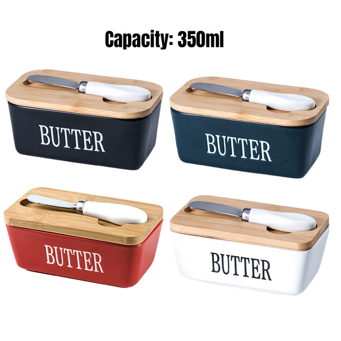Ceramic Butter Box with Bamboo Lid Knife Slot 14.5cm