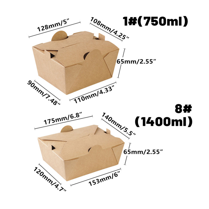 50PCS Disposable Kraft Paper Food Boxes, PE-Coated, Leak-Resistant, 750ml/1400ml