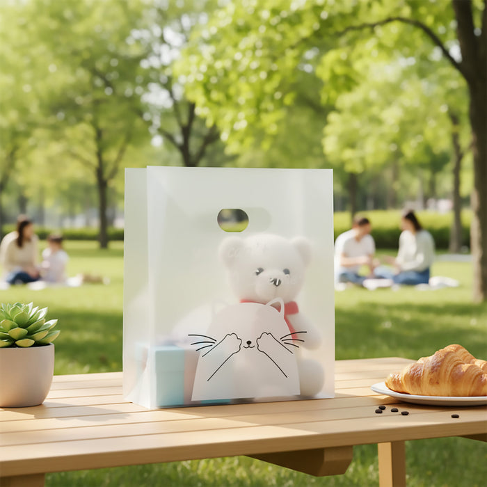 50 Pcs Frosted Plastic Gift Bags with Cat Print Reusable for Party and Wedding