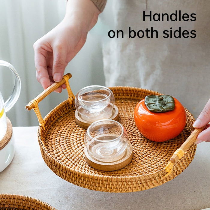 Rattan Woven Snack Basket Round With Handles