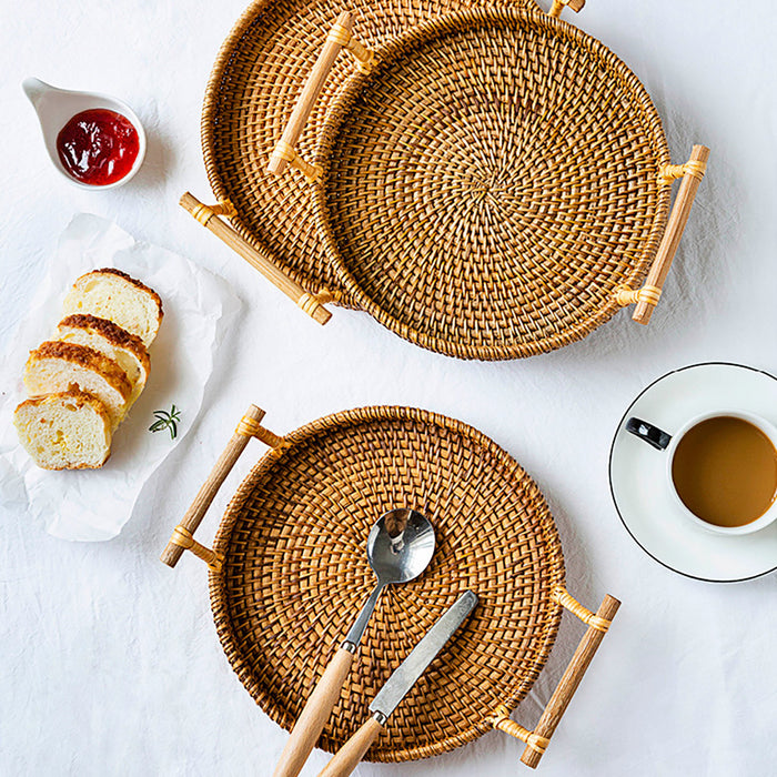 Rattan Woven Snack Basket Round With Handles