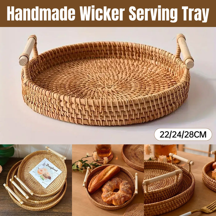 Rattan Woven Snack Basket Round With Handles