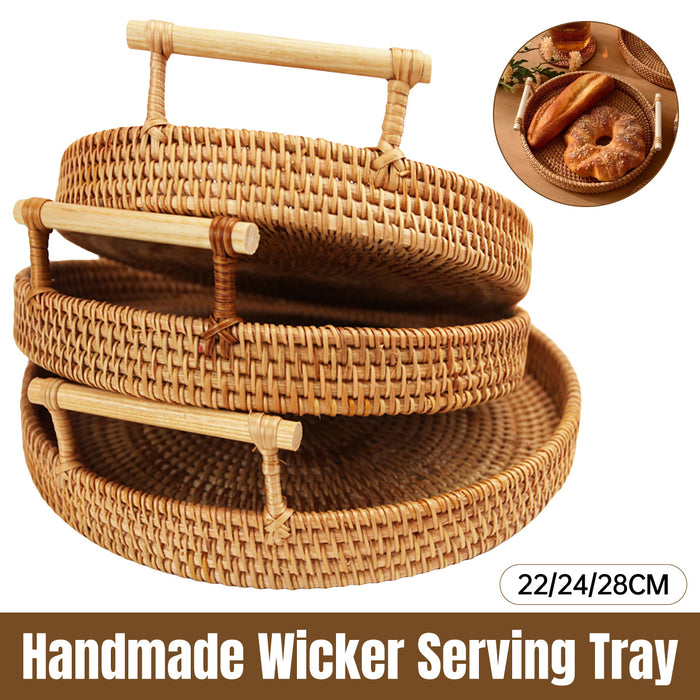 Rattan Woven Snack Basket Round With Handles