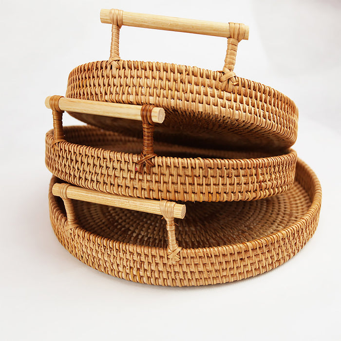 Rattan Woven Snack Basket Round With Handles