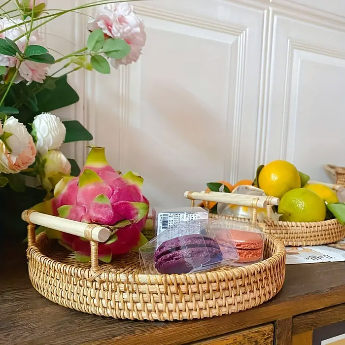 Rattan Woven Snack Basket Round With Handles