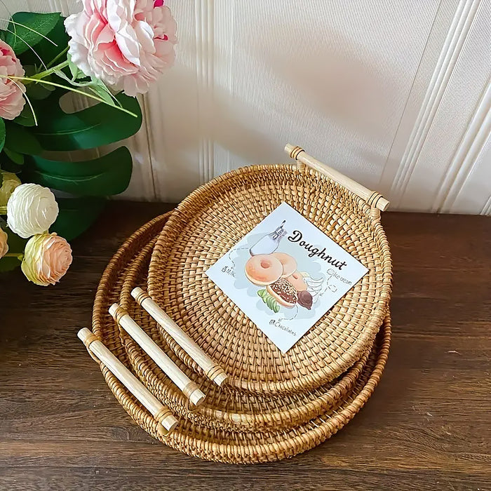 Rattan Woven Snack Basket Round With Handles