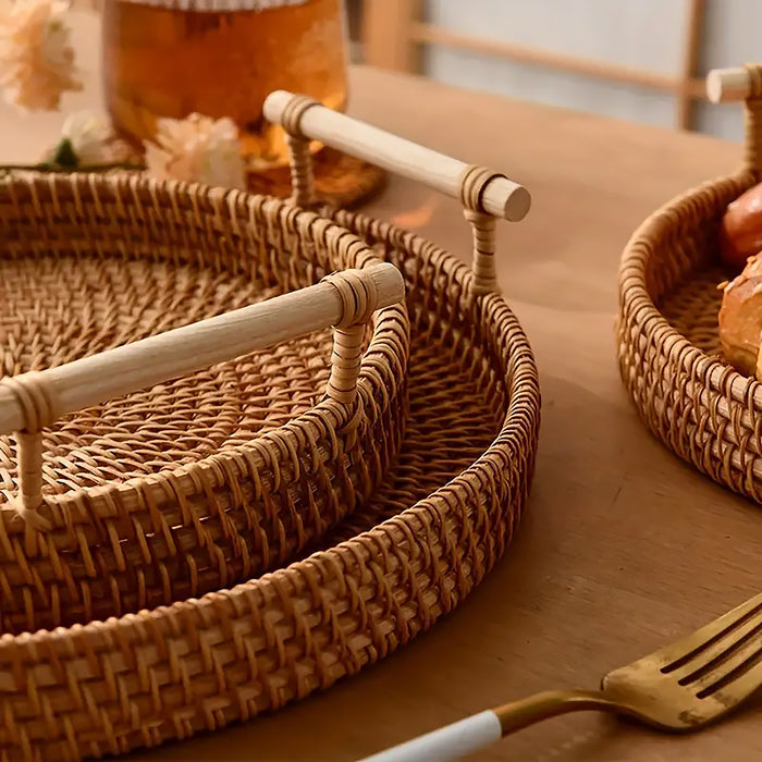 Rattan Woven Snack Basket Round With Handles