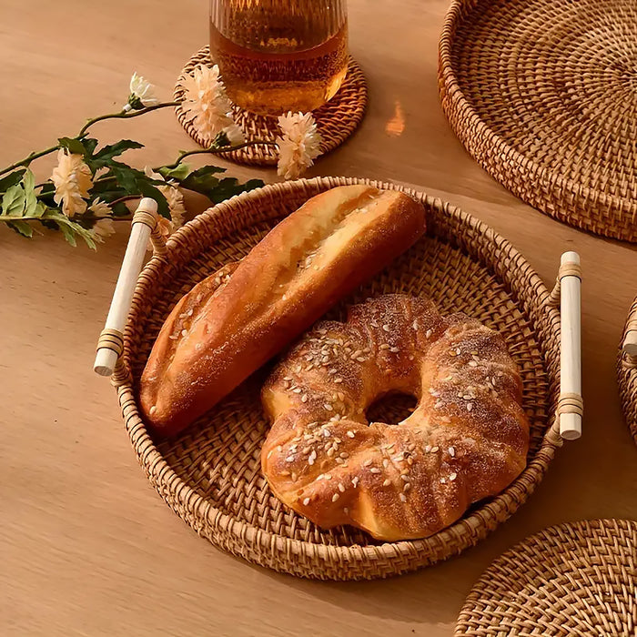 Rattan Woven Snack Basket Round With Handles