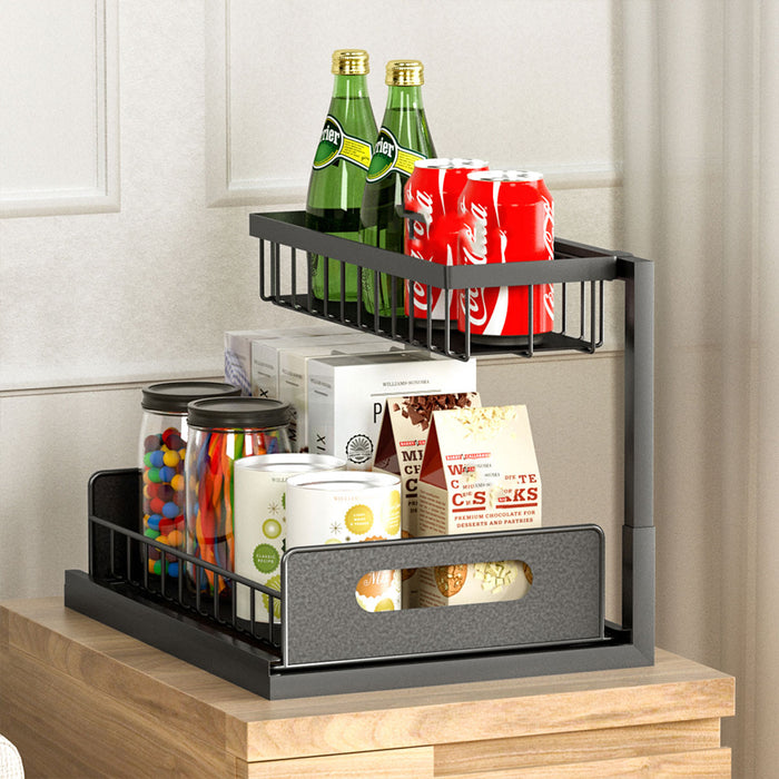 Two Tier Metal Storage Rack with Sliding Basket Black