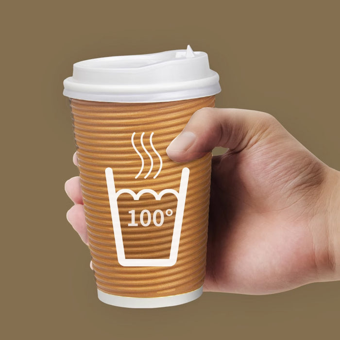 50 Sets Corrugated Paper Cups With White Lids 8oz 12oz 14oz 16oz