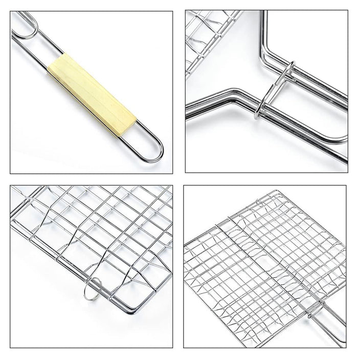 2 Pcs Electroplated Iron BBQ Net Clamp with Wooden Handle Square Mesh