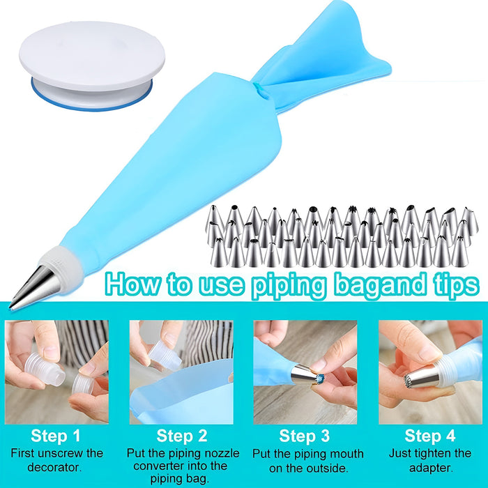 420 Pcs Cake Decorating Kit with 11in Turntable Blue Silver