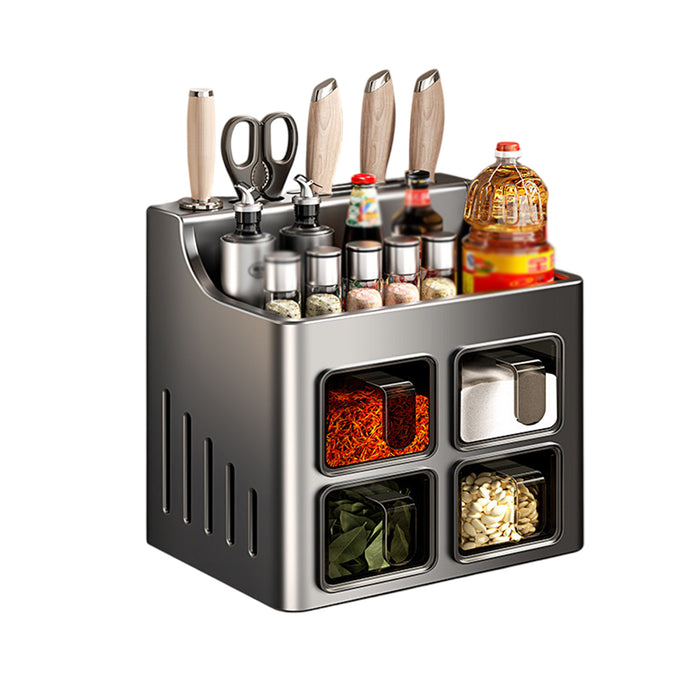 Wall-Mounted Spice Rack with Knife Holder 4 Sealed Drawers