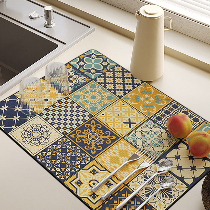 Absorbent Kitchen Drain Mat Non-Slip Countertop Drying Pad Mosaic Pattern 40x30cm
