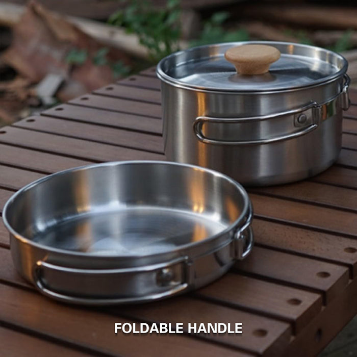 2 Pcs 304 Stainless Steel Camping Pot and Pan Set with Folding Handles
