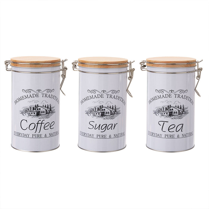3PCS White Tinplate Coffee Tea Sugar Storage Jar Set