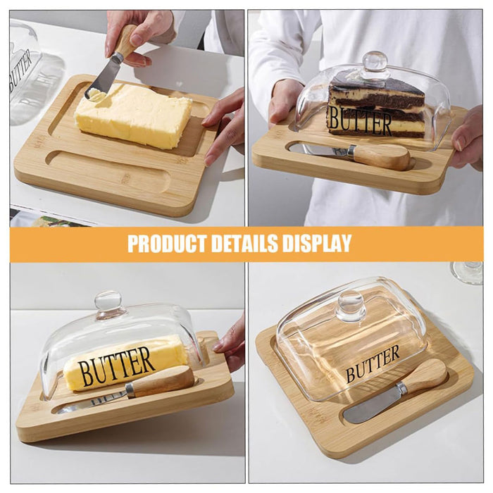 Butter Dish with Glass Lid Bamboo Base With Knife Slot
