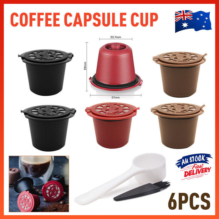 6 Pcs Reusable Coffee Capsule Pods for Nespresso Machine with Spoon and Brush