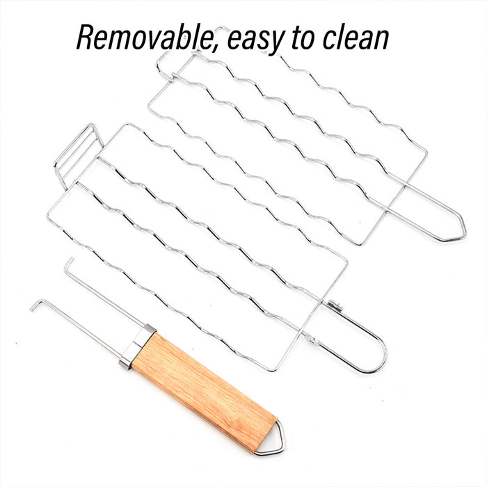 304 Stainless Steel Portable Sausage BBQ Grill Net with Wooden Handle