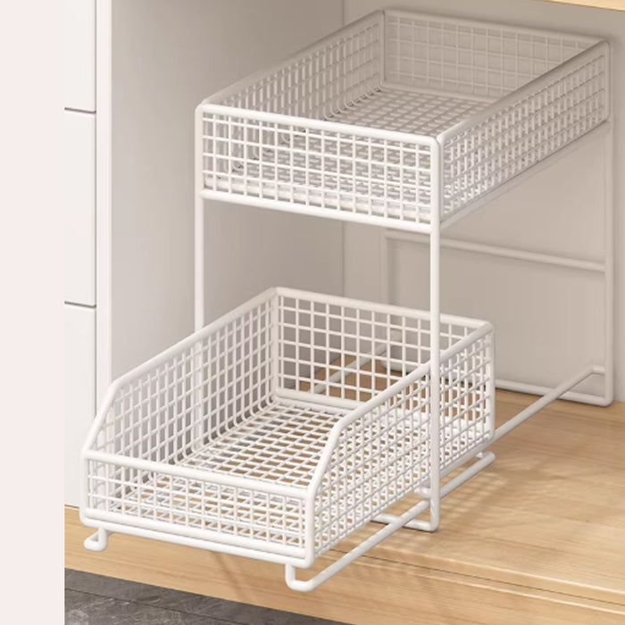 Pull-Out Storage Shelf Two-Tier White Wireframe Organizer