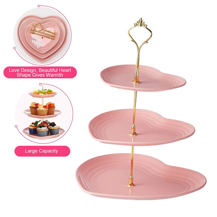 3 Pcs 3-Tier Porcelain Dessert Stand with Gold Heart Handle 26 x 33 cm