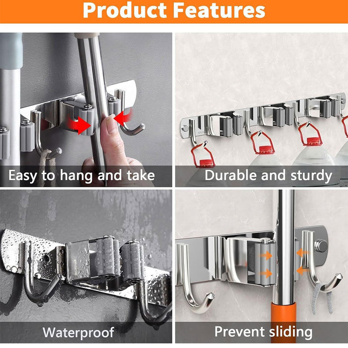 Punch Free Wall Mounted Mop Rack SUS304 Stainless Steel