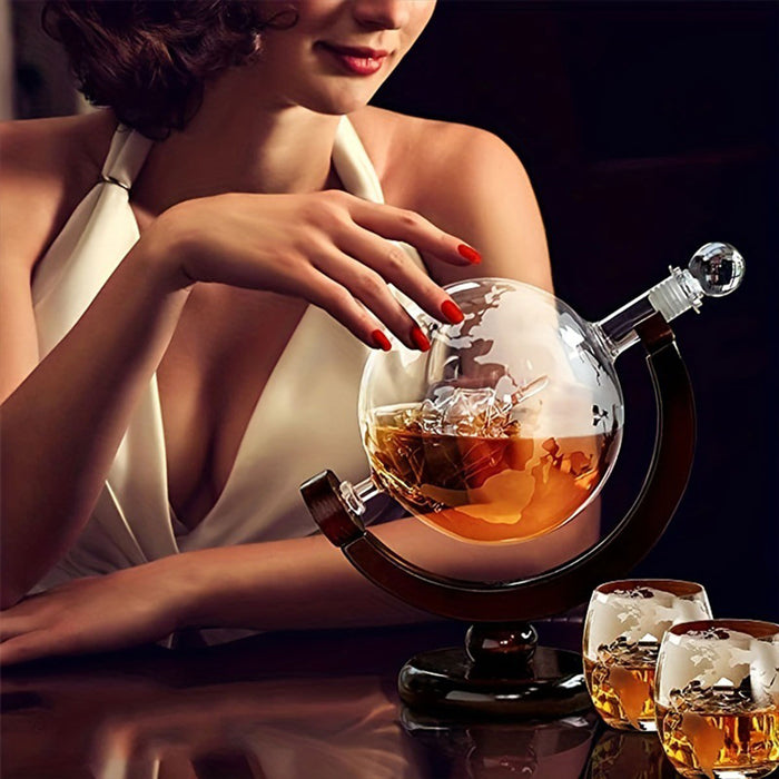 Globe Wine Decanter Set with Sailing Ship and 2 Glasses