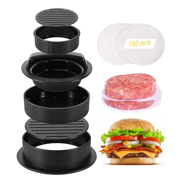 3 In 1 Hamburger Press with 100 Greaseproof Papers Black